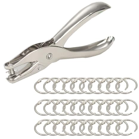 PIVHWIR 1 Hole Punch and 30 Pcs Loose Leaf Binder Rings, Single Hole Puncher, 6 Sheet Capacity, Office Paper Punch for DIY Crafts Notebooks Documents