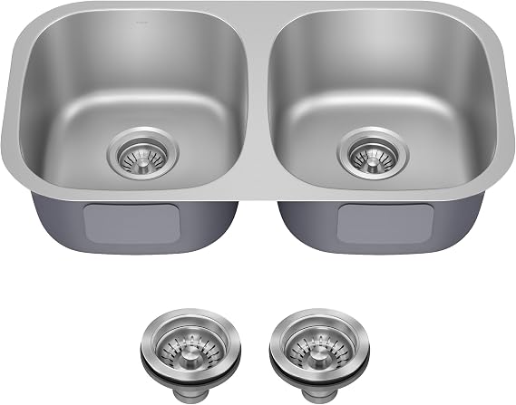 KRAUS Premier 32-inch Undermount 50/50 Double Bowl 18-Gauge Stainless Steel Kitchen Sink with Strainers (x2), KBU22