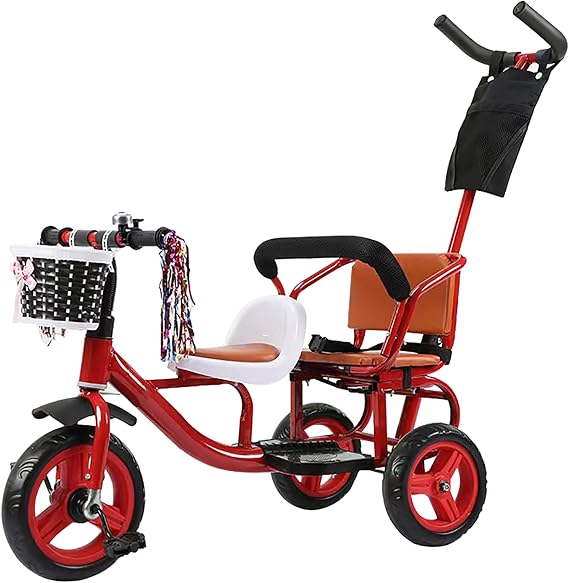 Kids Trike Bike Stroller- Double Tricycle Easy for Toddler with Removable Push Handle,Safety Harness,High Carbon Steeltrike Frame,Boys and Girls Ages Year Old,Red