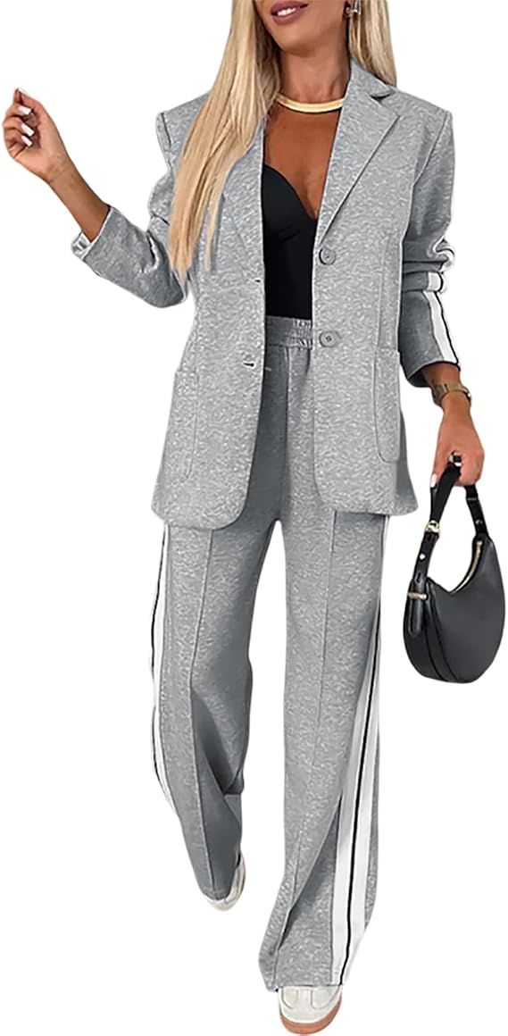 CHICME Women's 2 Piece Set Side Striped Work Blazer Wide Leg Pants Suit
