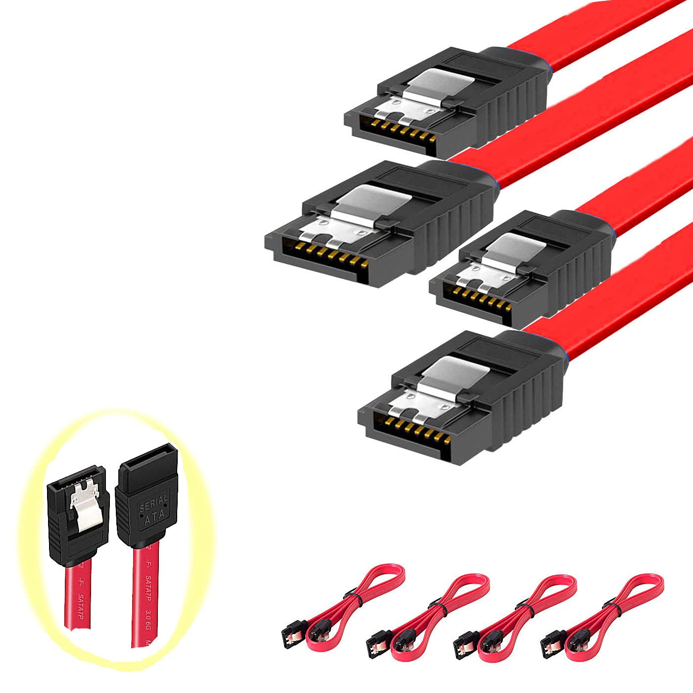 USECL 4 Pack Straight SATA III Hard Disk Cable 6.0GBPS,7pin Female to Female Date Cable with Locking Latch,Length :18 inches（red