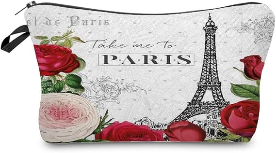 Livel lhood Rose Eiffel Tower Small Makeup Zipper Bag | Rose Eiffel Tower Printed Cosmetic Organizer Pouch, Rose Eiffel Tower Gift for Women Friends