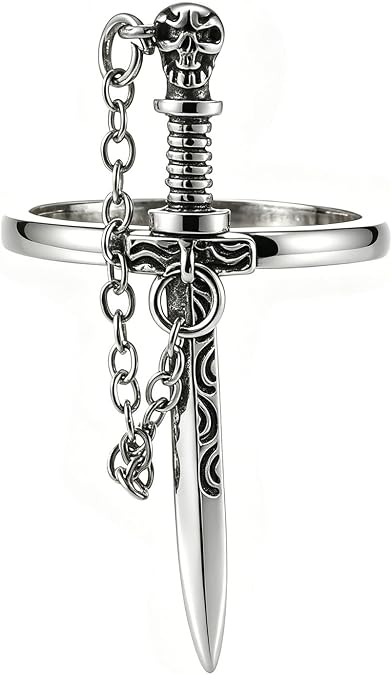 Gothic Skull Sword Ring with Chain Punk Silver Index Cool Y2k Jewelry for Women Men