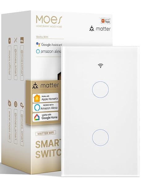 MOES Matter WiFi Smart Touch Light Switch, Compatible with Alexa Google, 2 Gang | Glass Panel Touch, Matter WiFi, Apple Home, Alexa Google SmartThings, Timer Schedule, No Hub, Neutral Wire, Scratch-Resistant