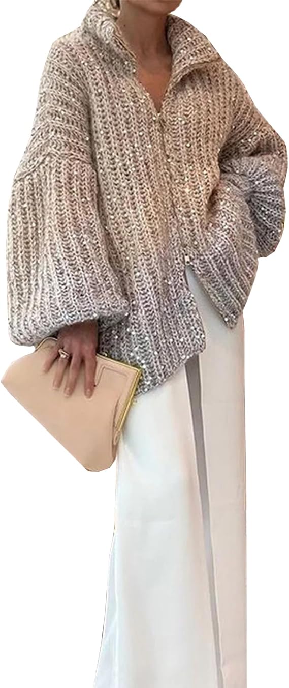 Womens Oversized Sequin Sweater Zip Up Cardigans