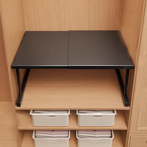 Adjustable Telescopic Closet Shelf Organizer Sturdy Metal Tiered Rack For Wardrobe Clothes Shoe Cabinet Storage(Black,L27-42cm*W42cm*H35-50cm)