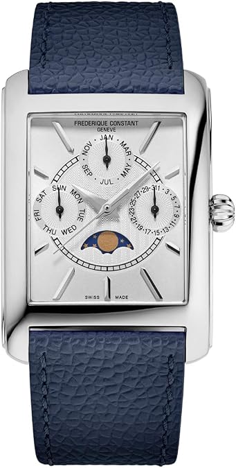 Frederique Constant Men's Swiss Made Classic Carre Moonphase Quartz Silver Stainless Steel Case Watch and Navy Leather Strap Style: FC-265S4C6