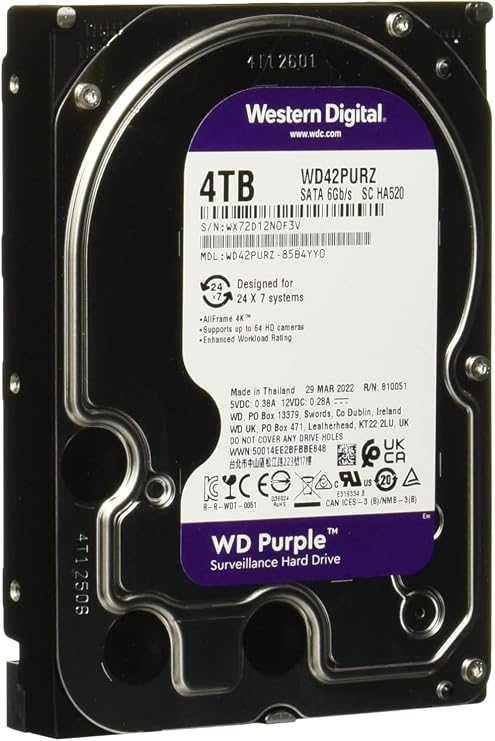 Western Digital 4TB WD Purple Surveillance Internal Hard Drive HDD - SATA 6 Gb/s, 256 MB Cache, 3.5" - WD42PURZ
