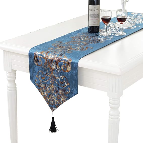 Blue Table Runner 13x70 inches, Polyester Fabric Dresser Scarf, Classic Hot Stamping Table Runner with Tassels for Farmhouse Kitchen, Dinner Holiday Parties, Wedding, Events, Home Decor