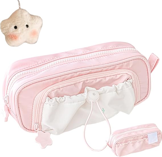 Cute Kawaii Pencil Pouch,Star Series Large Capacity Drawstring Pencil Cases (Pink)