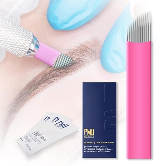 50Pcs Professional Microlading Needles 12 Pins Curved Flat with 0.18mm Diameter Disposable Manual Eyebrow Blades Permanent Makeup Supplies Microblading Kits