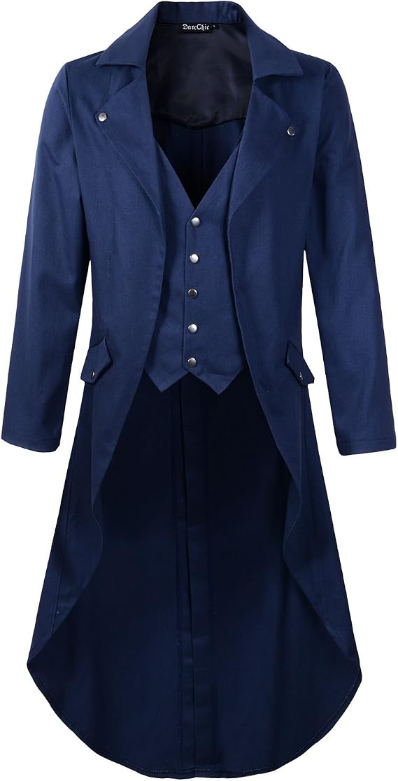 Mens Gothic Tailcoat Jacket Black Steampunk VTG Victorian Coat (S/L, Blue Long)