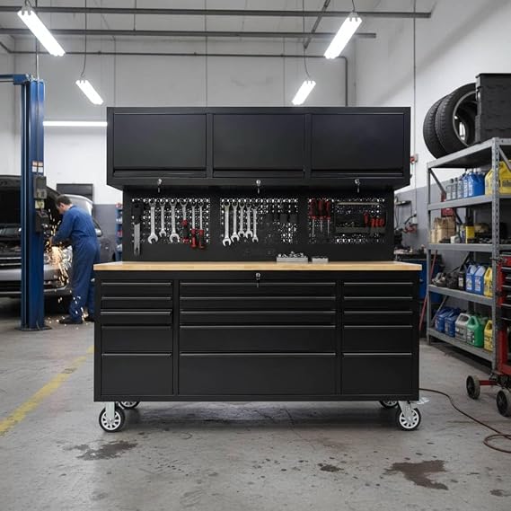 72" Heavy Duty Rolling Tool Storage Cabinet with Power Strip,15 Fully extending drawers,Hybrid pegboard, Wood Workbench, Overhead Cabinets |Lockable Security |Sturdy Steel Construction|4-Wheel