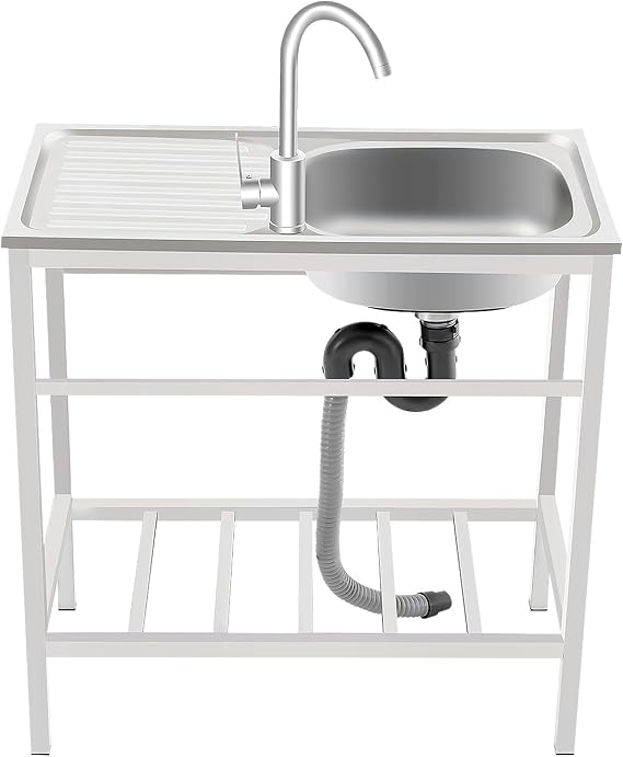 Kitchen Sink Unit, Free Standing Single Bowl Kitchen Sink with Storage Shelf and Faucet, Outdoor Stainless Steel Utility Sinks, for Backyard, Garage, 75×40×75cm