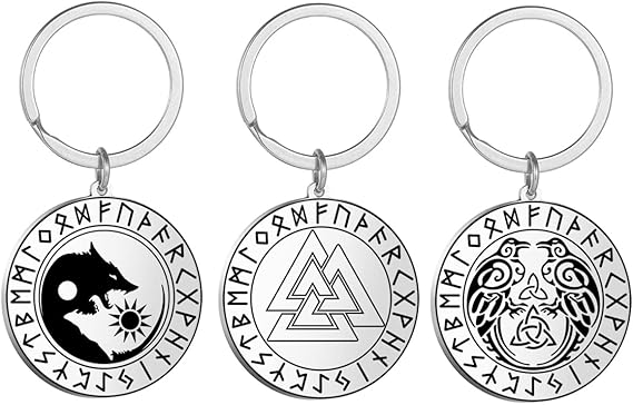 VASSAGO Viking Runes Keychains 3 Pieces Stainless Steel Coin Pendant Key Chain Celtic Symbol Wolf Raven Hrunger Heart Keyring