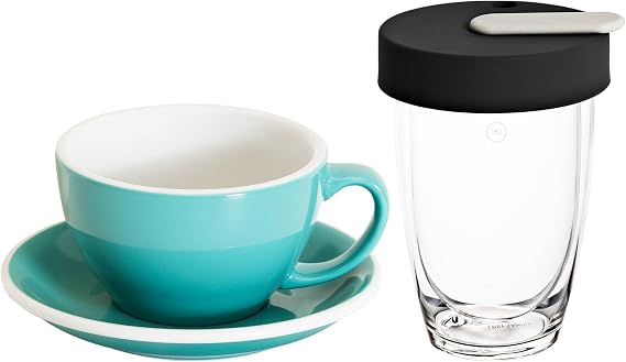 Loveramics Set of 1 x 300ml Latte Art Cup and Saucer (Teal) + Glass Travel Mug (Clear)
