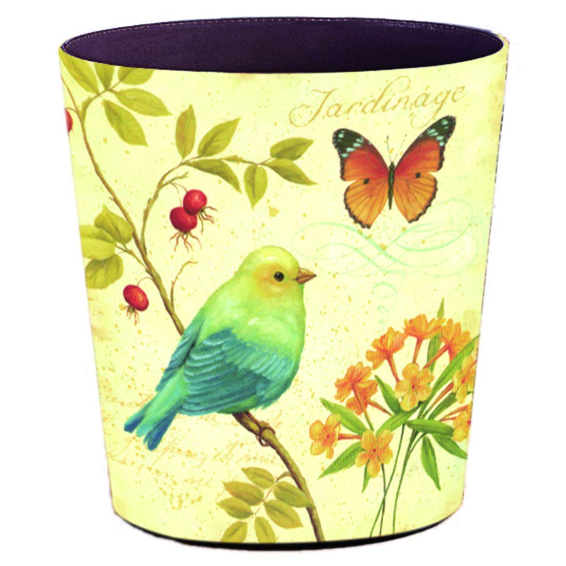Lingxuinfo Scakbyer Retro Style Small Trash Can Wastebasket, Decorative Trash Can Waste Paper Basket Waste Container Bin for Bathroom, Bedroom, Office and More, 10L Capacity Sparrow Butterfly
