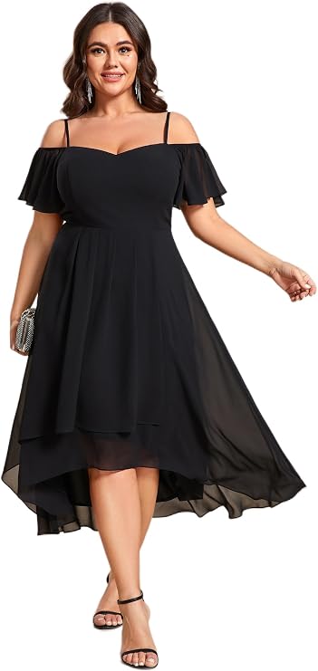 Ever-Pretty Women's Plus Size Ruffle Sleeves Off Shoulder Empire Waist A Line Chiffon Wedding Guest Dress 02103-DA