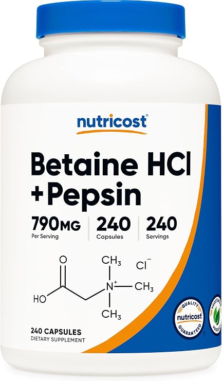 Nutricost Betaine HCl + Pepsin (790mg) 240 Capsules - Vegetarian & GMO Free