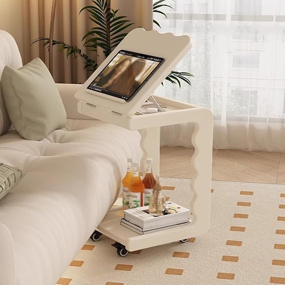 Adjustable Desktop Solid Wood Bedside End Table, Adjustable C Table with Wheels,Removable Side End Tables for Couch,Living Rooms,Bedrooms,White,White,B