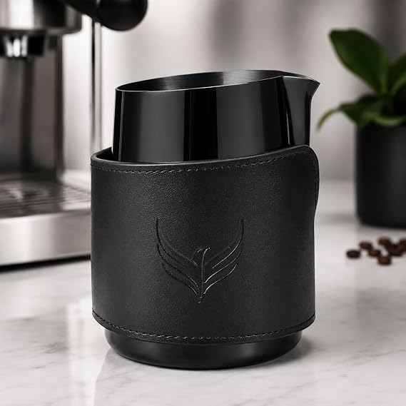 Handleless Milk Frothing Pitcher 14oz PVD Coated Stainless Steel Latte Art Pitcher with Real Leather Sleeve, Premium Espresso Coffee Steaming Cup (Black)