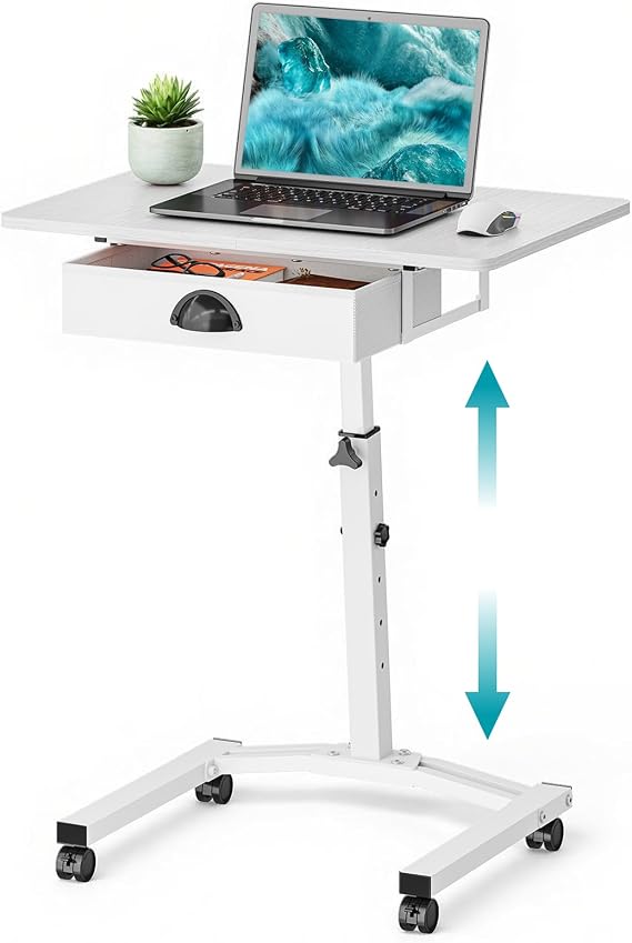 Rolling Standing Computer Desk With Drawer, Small Mobile Laptop Desk Cart