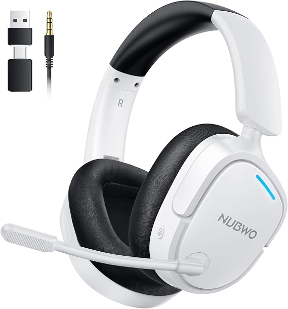 NUBWO 2.4GHz Wireless Gaming Headset for PS5, PS4, PC, Laptop, Mac, 7.1 Surround Sound, Noise Canceling Mic, 20ms Low-Latency, 80Hr Battery, Lightweight & Foldable Bluetooth Gaming Headphones-White