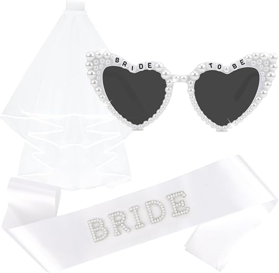 KICOSY Bride to Be Set: Pearl-Trimmed Heart Sunglasses, Pearl BRIDE Sash & Tulle Veil - Bachelorette Party Bridal Accessories