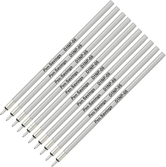 Pen Savings Mini D1 Needlepoint Ballpoint Pen Refills, 10 Pack, .5mm Extra Fine Point Tip, Smooth Flow Ink, 66mm, Metal Barrel (Black)