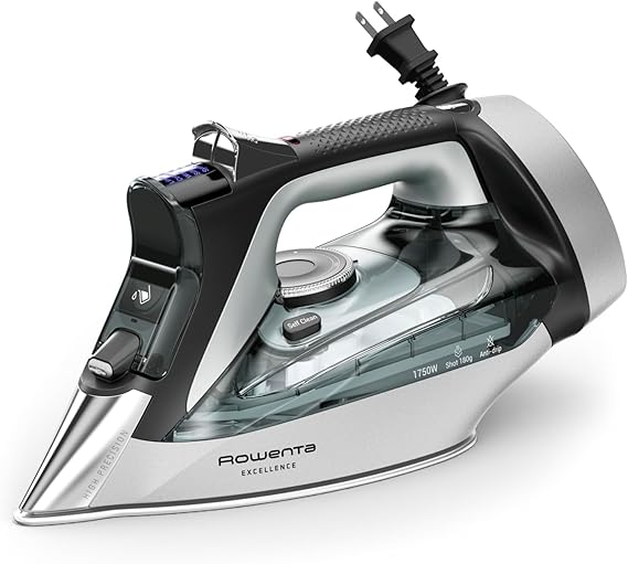 Rowenta Iron, Focus Excellence Stainless Steel Soleplate Steam Iron for Clothes, Retractable Cord, 400+ Microsteam Holes, Powerful steam, LED Display, 1750 W Ironing Clothes, Cordreel, Green DW5432