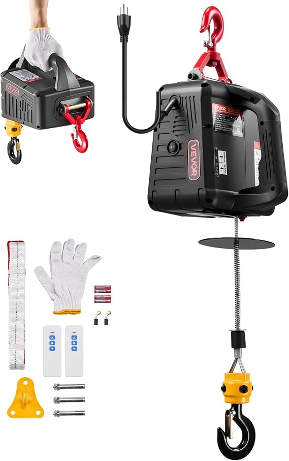 VEVOR 2-in-1 Electric Hoist Winch, 1100 lbs Capacity, 1500W Portable Power Winch Crane, 25 ft Lifting Height, 16.4 ft/min with Manual and Wireless Remote Control for Factory, Warehouss, Garage
