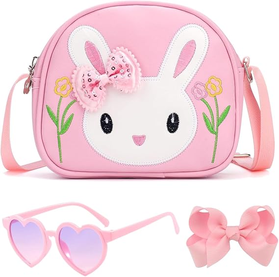 kkdom Toddler Cute Bunny Purse,Little Girls Bunny Crossbody Purse Set with Heart Sunglasses and Hair Bow for Birthday Gift,Pink