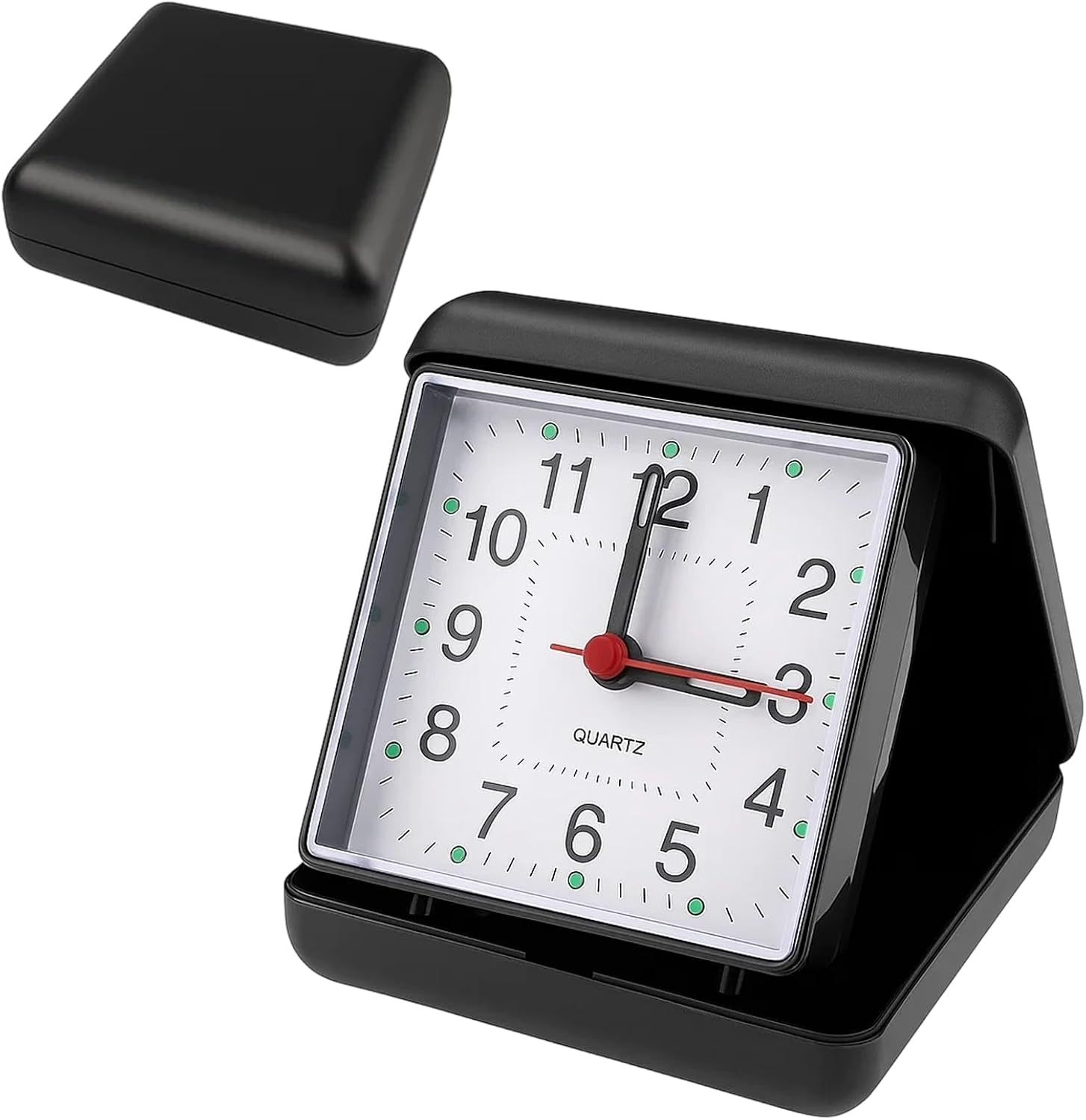 Travel Alarm Clock, Operated Travel Clock with Folding Case, Small Desk Clock for Home Office Travel, Black Box Design