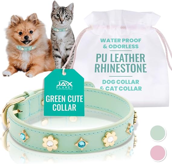 Bling Rhinestone Dog Collar for Small Dogs & Cats - PU Leather, Green