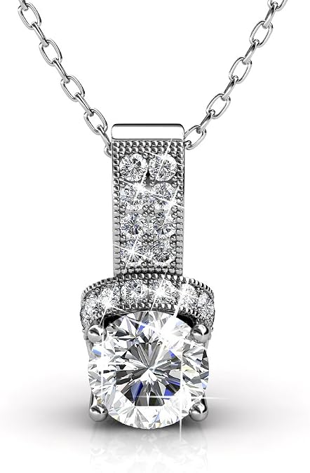 Cate & Chloe Laya Ruler 18k White Gold Pendant Necklace with Crystals, Unique Beautiful Halo Necklace for Women, Pave Round Cut, Chain Necklaces Wedding Anniversary