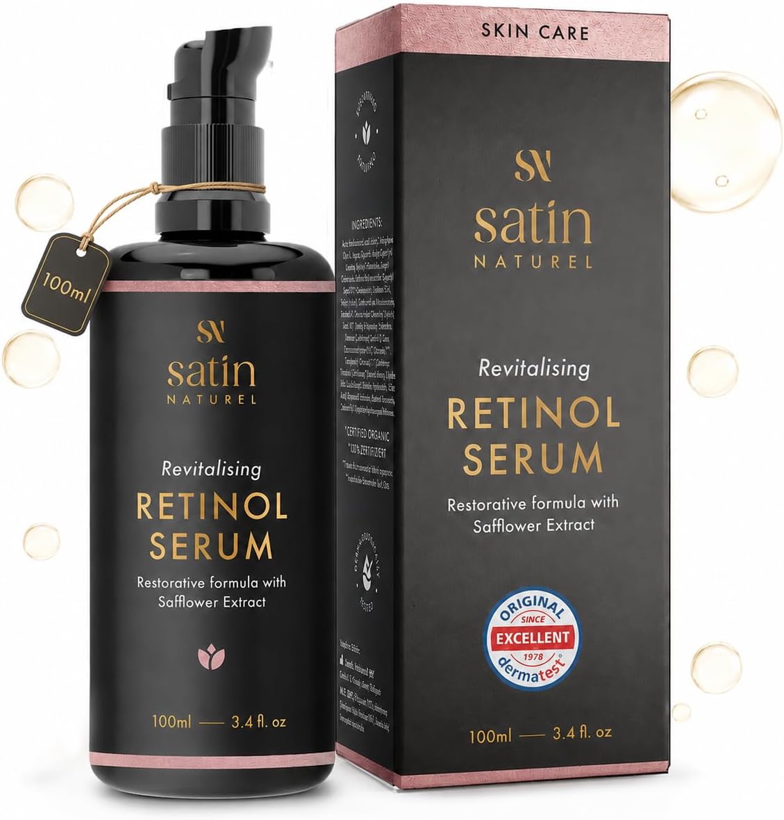 Satin Naturel Retinol Serum 100ml – Retinol Face Treatment with Hyaluronic Acid, Niacinamide &amp; Salicylic Acid – Anti-Ageing &amp; Blemish Skincare – Evening Face Serum for Smoother Skin