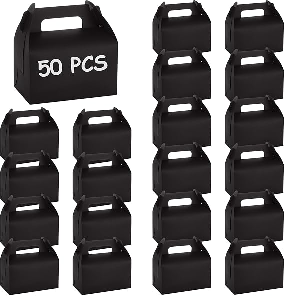 ABuff 50 Pack Black Gable Treat Boxes, Goodies Favor Gift Box for Kids, Party Favor Boxes for Snacks, Candy, Toys, Baby Showers Birthday Party Wedding, 6.3x3.5x3.2 Inches