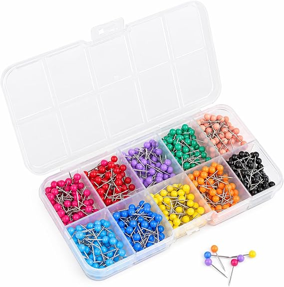 600 PCS Push Pins Map Tacks,Multi-Color 1/8" Round Head, Stainless Point | 10 Assorted Colors Map Pins for Bulletin Board, Cork Board, World Map Pin Board, Fabric Marking, Craft, Office