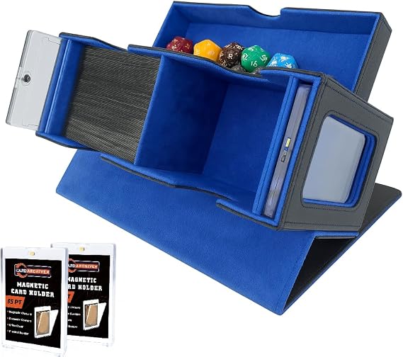 Card Deck Box, MTG Commander Card Deck Box, 2 Commander Display, Fits 200 Double Sleeved Cards, Storage Box with Dice Tray for CCG TCG Sports Cards (Black Blue)