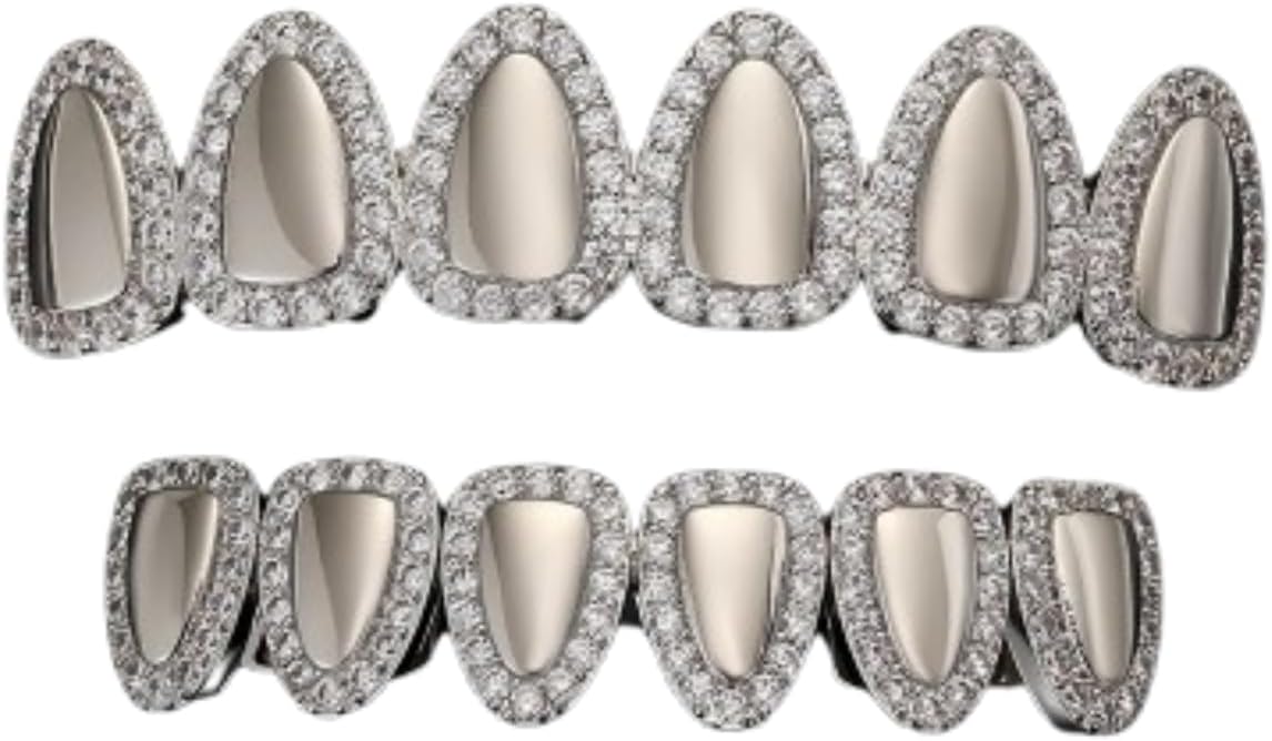 Grillz Gold Grills for Your Teeth Fake Teeth Diamond Grillz Iced Out Cubic Zirconia Grillz Teeths Gothic Halloween Vampire Fangs 18K Gold Plated Bling Silver Grill for Men Women Hip Hop Rapper Cosplay Costume Jewelry (Silver)