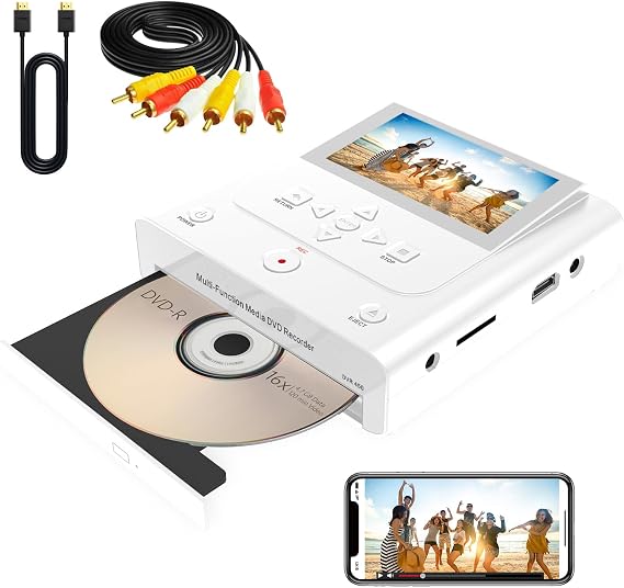 VHS to DVD Recorder, VCR to DVD Recorder-Convert Photos and Videos Between VHS,VCR,Memory Card,DVD and USB. Phone can use a Free App to Burn Videos and Photos, Also has TV Recording Function (White)