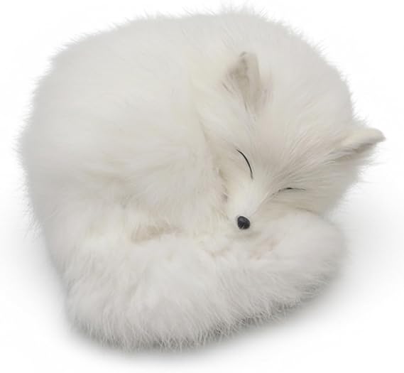 Realistic Sleeping Fox Stuffed Animal White – Handcrafted Fox Figurine with Soft Faux Fur Shelf Ornament for Living Room Office