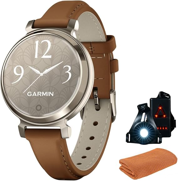 Garmin 010-02839-02 Lily 2 Classic Cream Gold with Tan Leather Band Smartwatch | Official USA Partner Model | Bundle with Sport Towel + Deco Essentials Wearable Commuter Front & Rear Safety Light