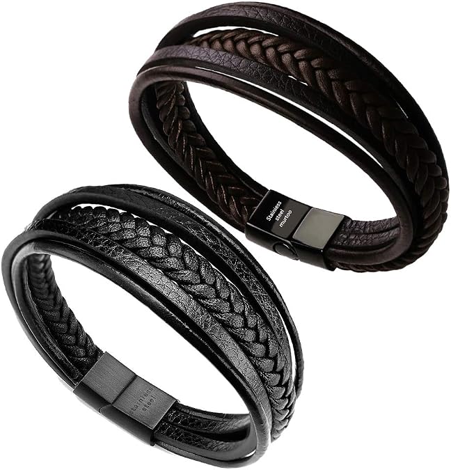 murtoo Mens Leather Bracelet with Clasp Cowhide Multi-Layer Braided Leather Mens Bracelet
