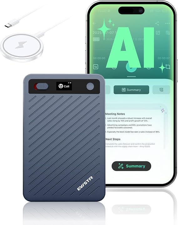 EVISTR AI Voice Recorder with Transcription, AI Note Recorder with App Control, AI Transcribe & Summarize, Support 100+ Languages Audio Recorders for Lecture Meeting Call International Exchange