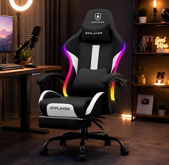 GTPLAYER Fabric Gaming Chair with Footrest, LED Lights, Comfy Chair | Ergonomic Computer Chair, Linkage Armrest, Breathable Fabric for Home Office Desk, Video Game Chairs for Adults