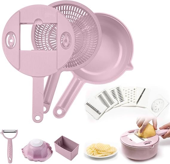 Vegetable Cutter with Container, 12 in 1 Multifunctional Vegetable Slicer, Vegetable Slicer, Fruit Cutter, Kitchen Grater, Stainless Steel Blades with Drain Basket