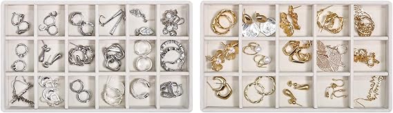 Stackable Jewelry Organizer Trays with Removable Dividers, 2-Tray Beige Jewelry Drawer Organizer Set for Earrings, Necklaces, Rings & Bracelets