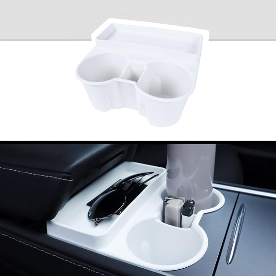 Rislobx for Tesla Model 3 Model Y Cup Holder Insert Center Console Water Cup Limit Clamp, Under Armrest Box Storage Tray Key Card Sunglasses Holder for Tesla Accessories (White)