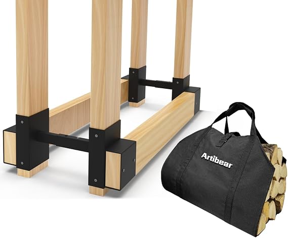 Firewood Rack Bracket Kit With Log Carrier, Outdoor Indoor Firewood Holder Fire wood Bag for Camping Fireplace
